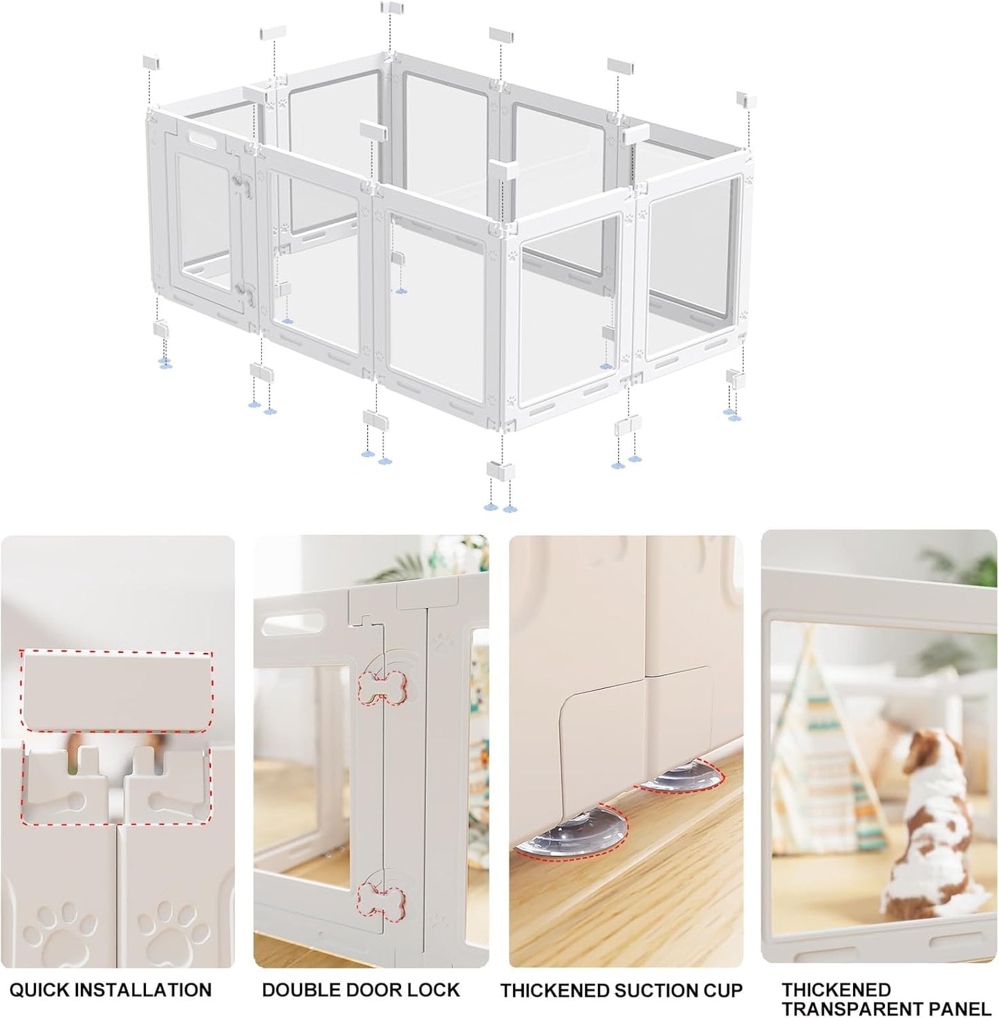 Cercadinho Transparente Acrílico para Filhotes 60cm com Porta, Cerca Interna para Pequenos Cães de 10 Painéis, Fácil de Montar (Branco)