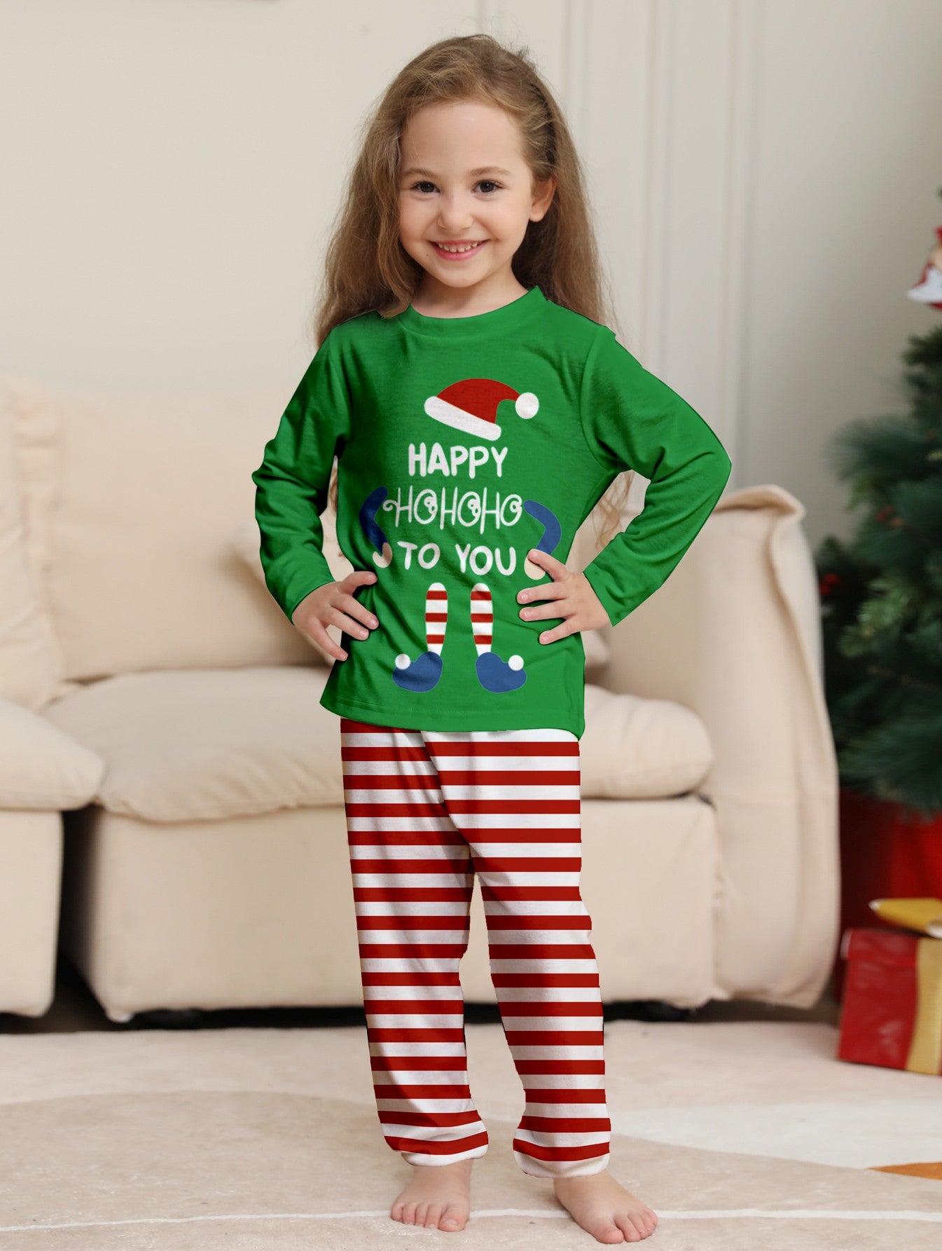 Merry Christmas Kids Matching Pajamas Elf "Happy HoHoHo" Green Top Red White Striped Sleepwear