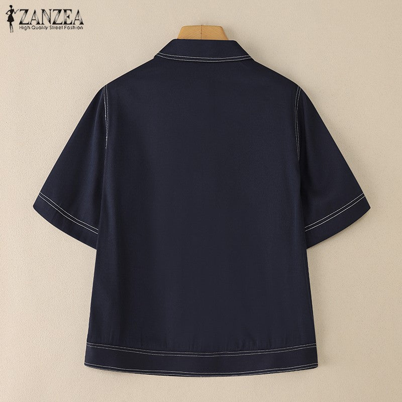 ZANZEA Women's Denim-Like Contrast-Stitch Shirts 2025 Fashion Turn-Down Collar Short Sleeve Button Up Shirt Streetwear Woman Top
