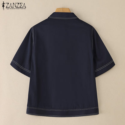 ZANZEA Women's Denim-Like Contrast-Stitch Shirts 2025 Fashion Turn-Down Collar Short Sleeve Button Up Shirt Streetwear Woman Top