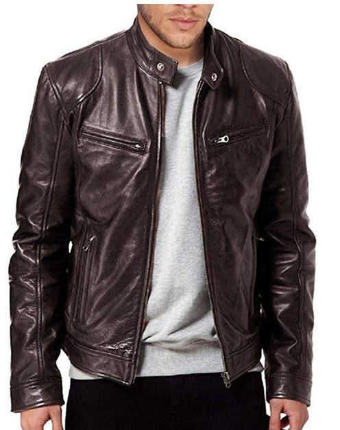 Men's Retro True Brown Motorcycle Jacket New High Quality Men's Casual Coat Men's Black Genuine Lambskin Leather Biker Jacket