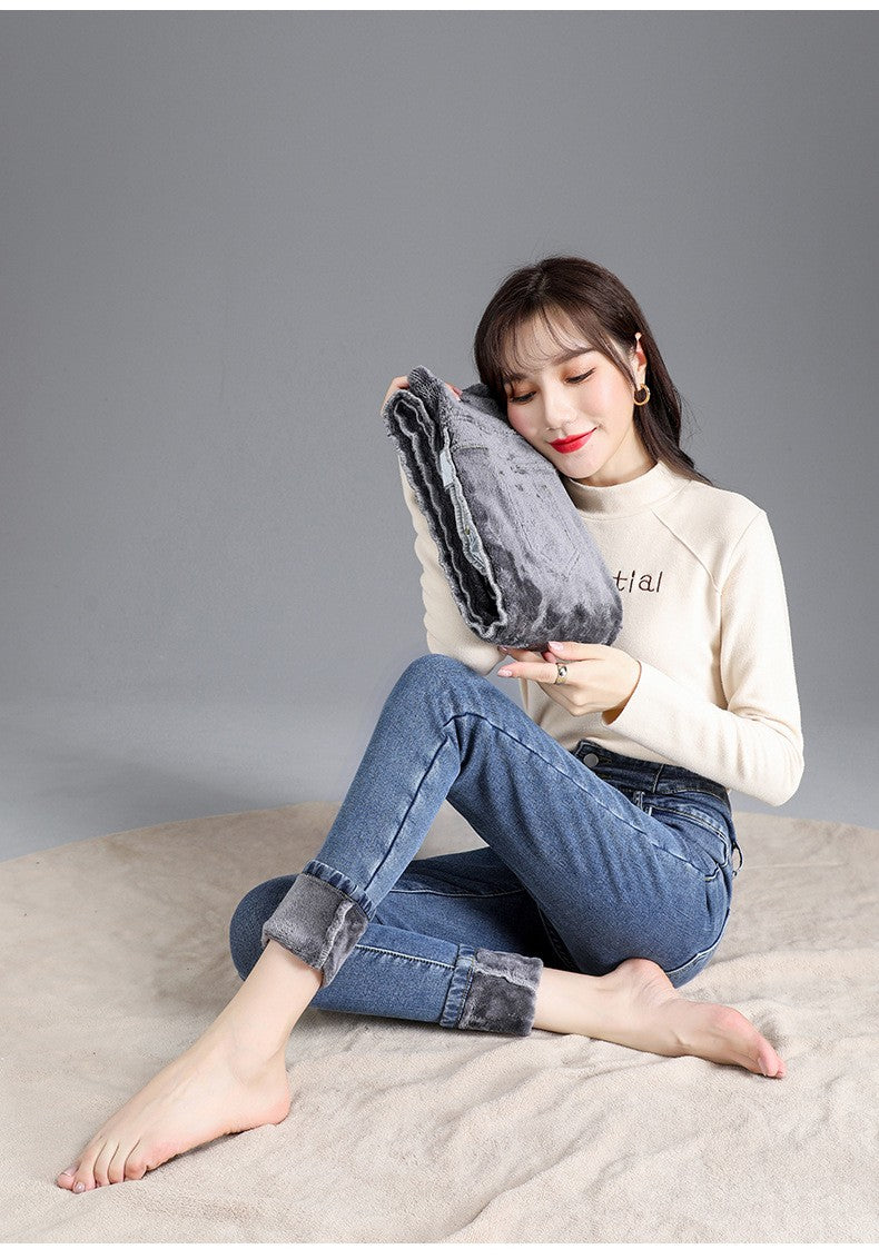 Autumn Winter Skinny Jeans Fashion Women Thermal Fleece High Waist Stretch Warm Pencil Pants Casual Velvet Button Denim Pant