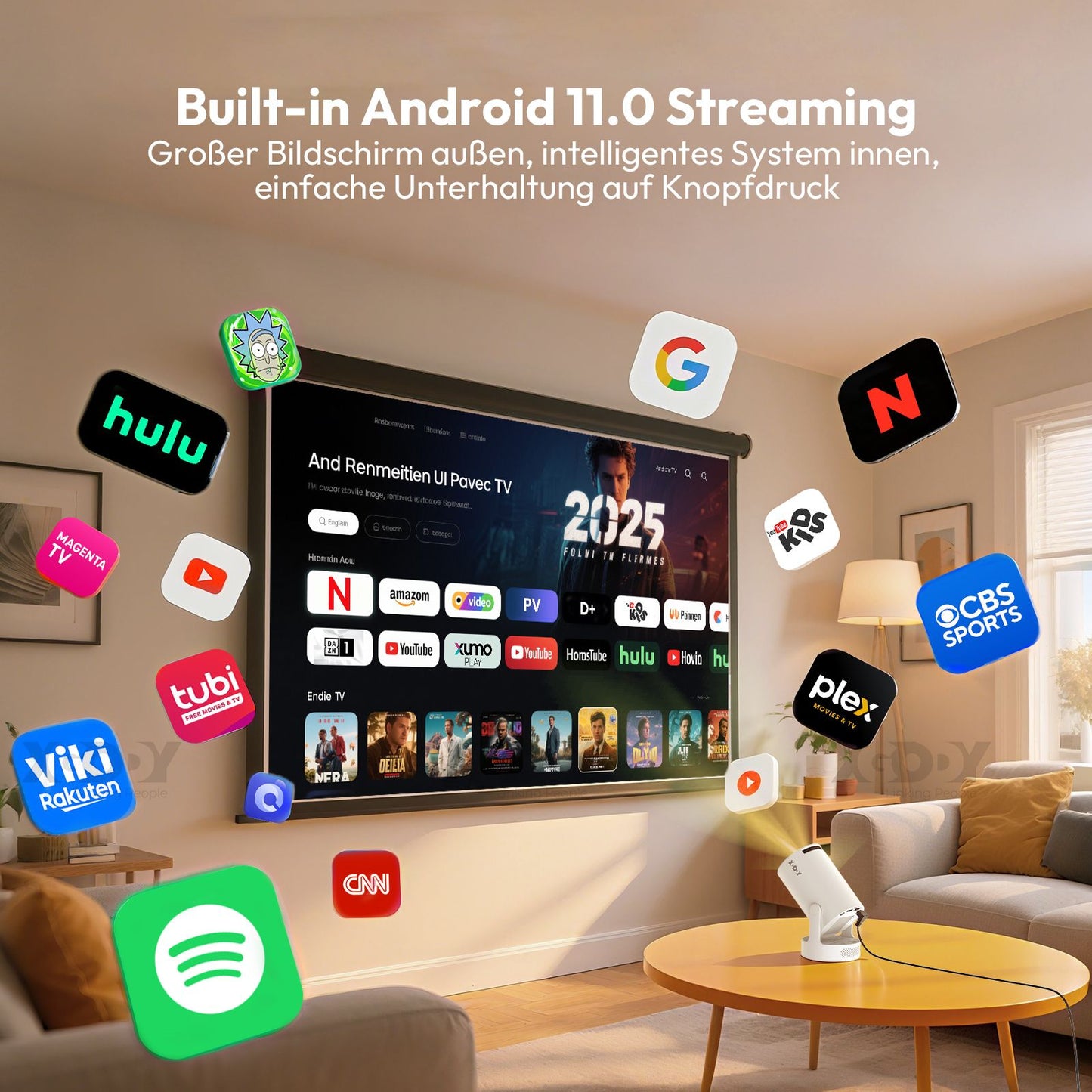 XGODY Projector Beamer Gimbal 3S 4K Wifi6  Short Throw Projector Android11 ??260 ANSI Dual WIFI BT5.0 1280*720P Home Theater