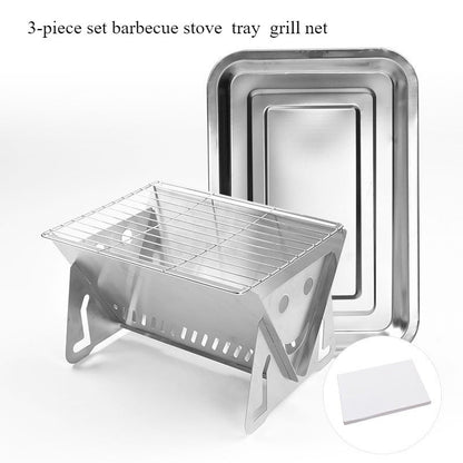 3-Piece Stainless Steel Portable BBQ Set - Compact Folding Grill for Camping, Mini Detachable Card-Style Outdoor Cooking