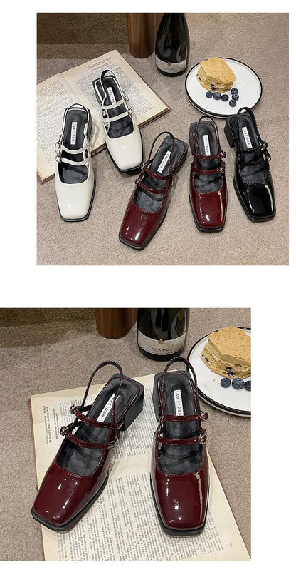 2024 Spring New Retro Small Leather Shoes Square Head Double Buckle Strap Mary Jane Thick Heels Sandals for Women