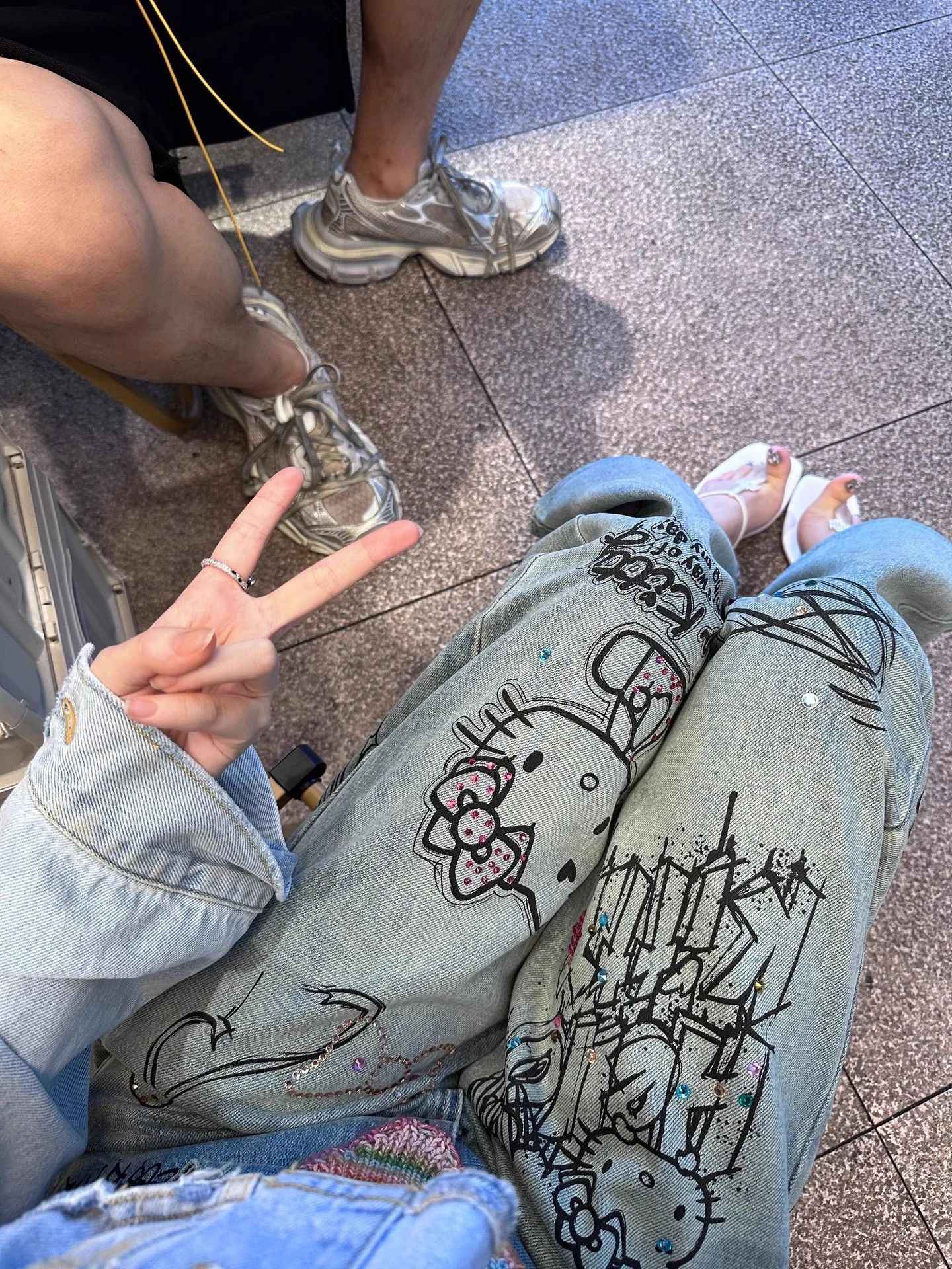 New Hello Kitty Wide Leg Pants Women's Spring Girl China-Chic Embroidery Loose Skinny Straight Leg Denim Pants Straight Trousers