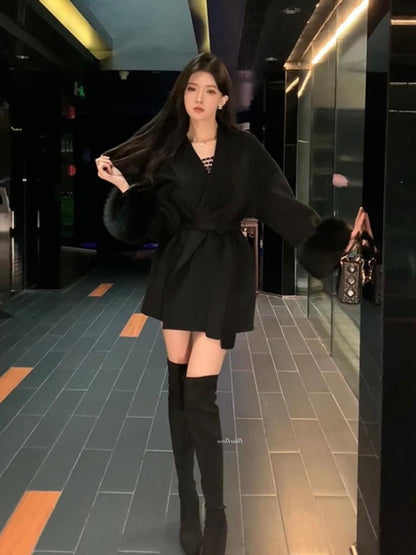 2025 Retro Elegant Lace Up Woolen Casual Overcoat Women Harajuku Loose Warm Plush Long-sleeved Autumn Fashion New Street Jacket