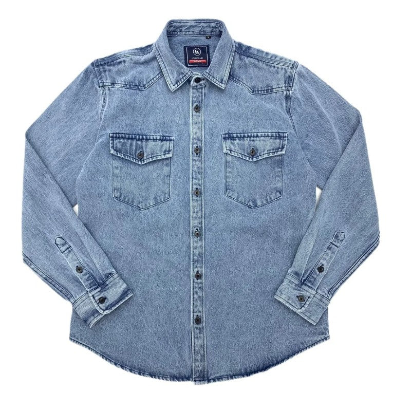 Heavy cargo denim shirt men May Khaki autumn do old retro loose casual plus size shirt coat