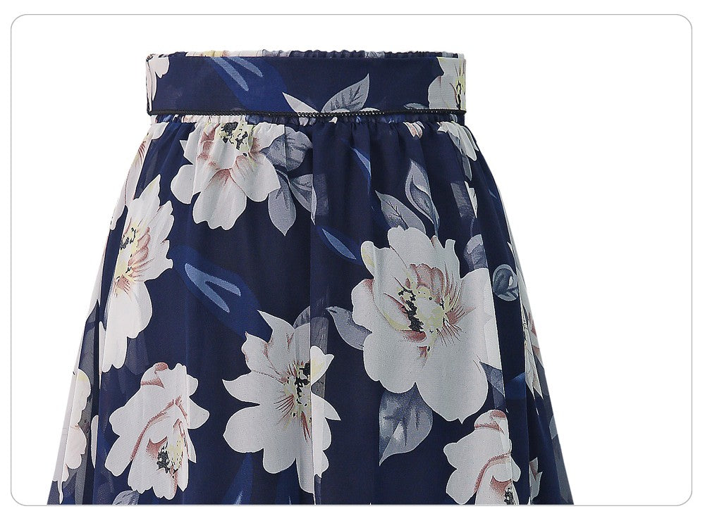 Plus Size Print Floral Skirt Women 2024 Summer Loose Elastic High Waist Chiffon Midi Skirts Lace Up Bow L-5XL Swing Jupe Femme