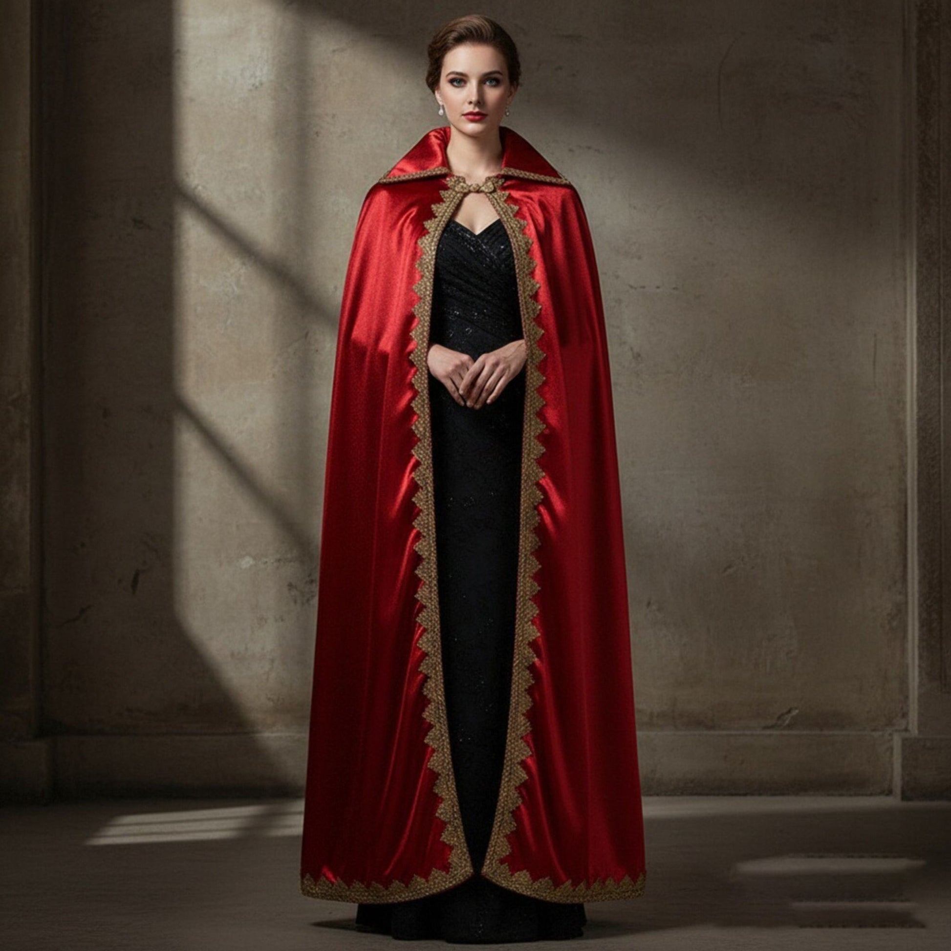 Medieval Royal Long Cape with Golden Lace Trim Floor Length Cloak Adult Men Women King Queen Halloween Cosplay Themed Party Cos