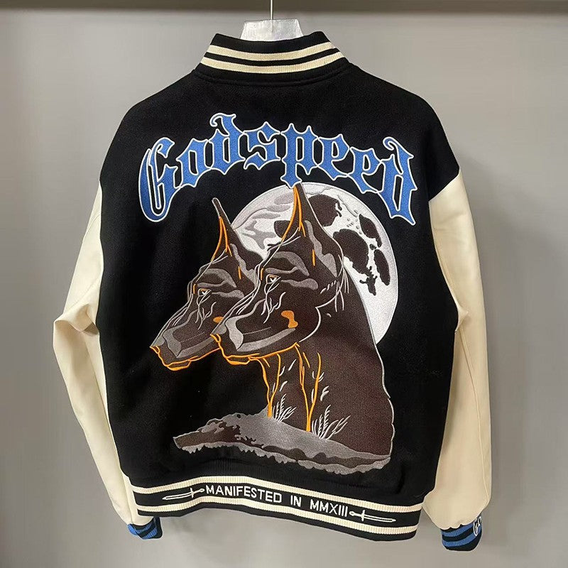 Real Photo GOD SPEED Baseball Jacket American Vintage Patchwork Leather Sleeves Unisex Embroidery Skeleton Jacket Coats