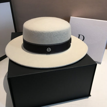 Chapéu Fedora de Lã com Aba Larga e Topo Chato nas Cores Neutras Preto e Branco para Uso Casual Unissex de Outono Inverno Masculino e Feminino