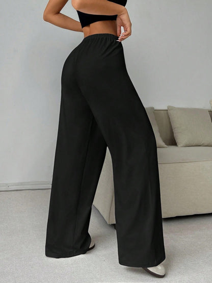 Elegant Solid High Waist Baggy Pants Fashion Women Loose Drawstring Pocket Wide Leg Pants Casual Sweatpant Streetwear Trousers