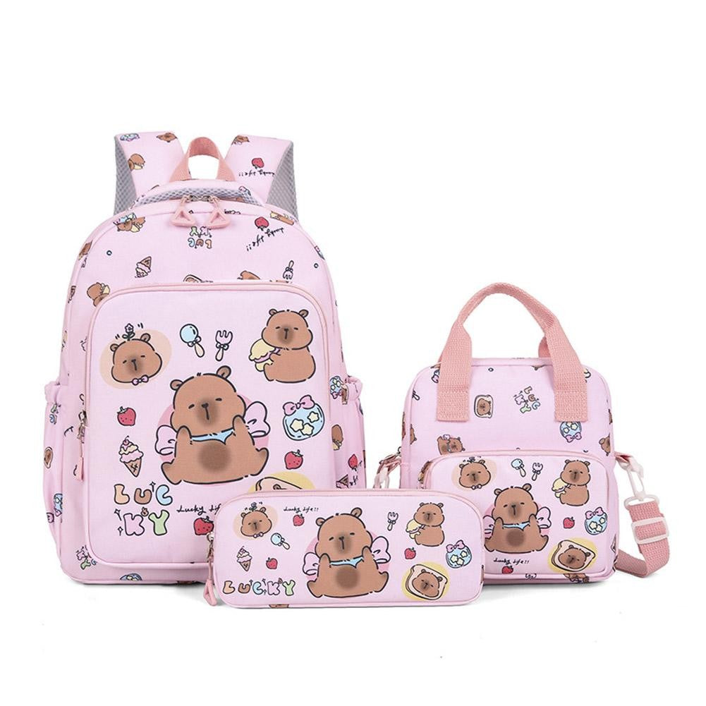 3Pcs/Set Kawaii Capybara Backpack Large Capacity Cartoon Teenager Fashion Nylon Lightweight Rucksack Set