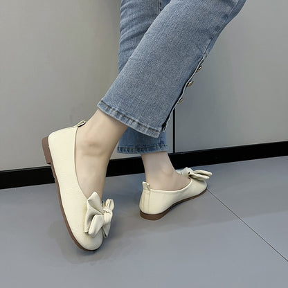 New Luxury Designer Shoes for Women Fashion Butterfly-knot Square Toe Party Leather Ballet Flats Ladies Flat Shoes Loafers Women