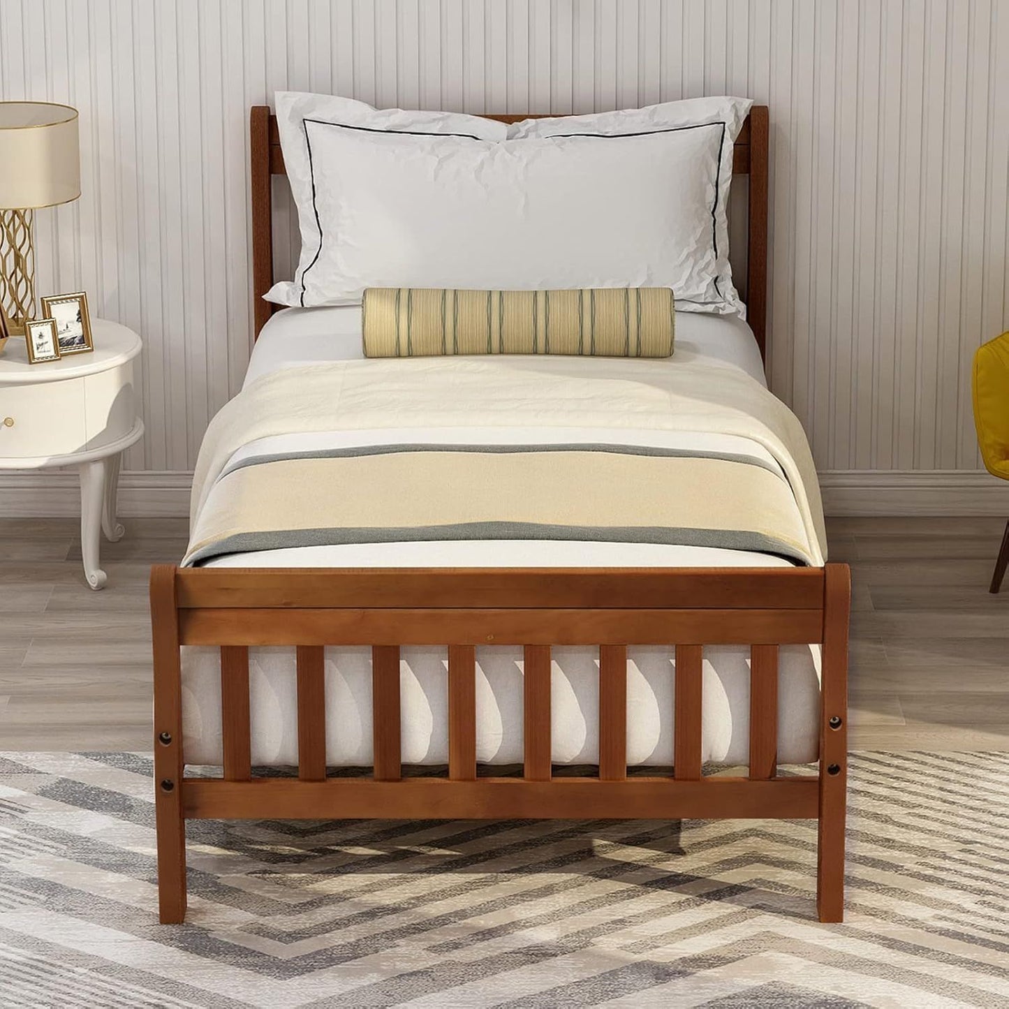 Cama de Trenó Moderna de Madeira Solteiro para Crianças, Estrutura de Cama Plataforma Solteiro com Cabeceira e Peseira, Suporte de Estrado de Madeira, Não Precisa de Box