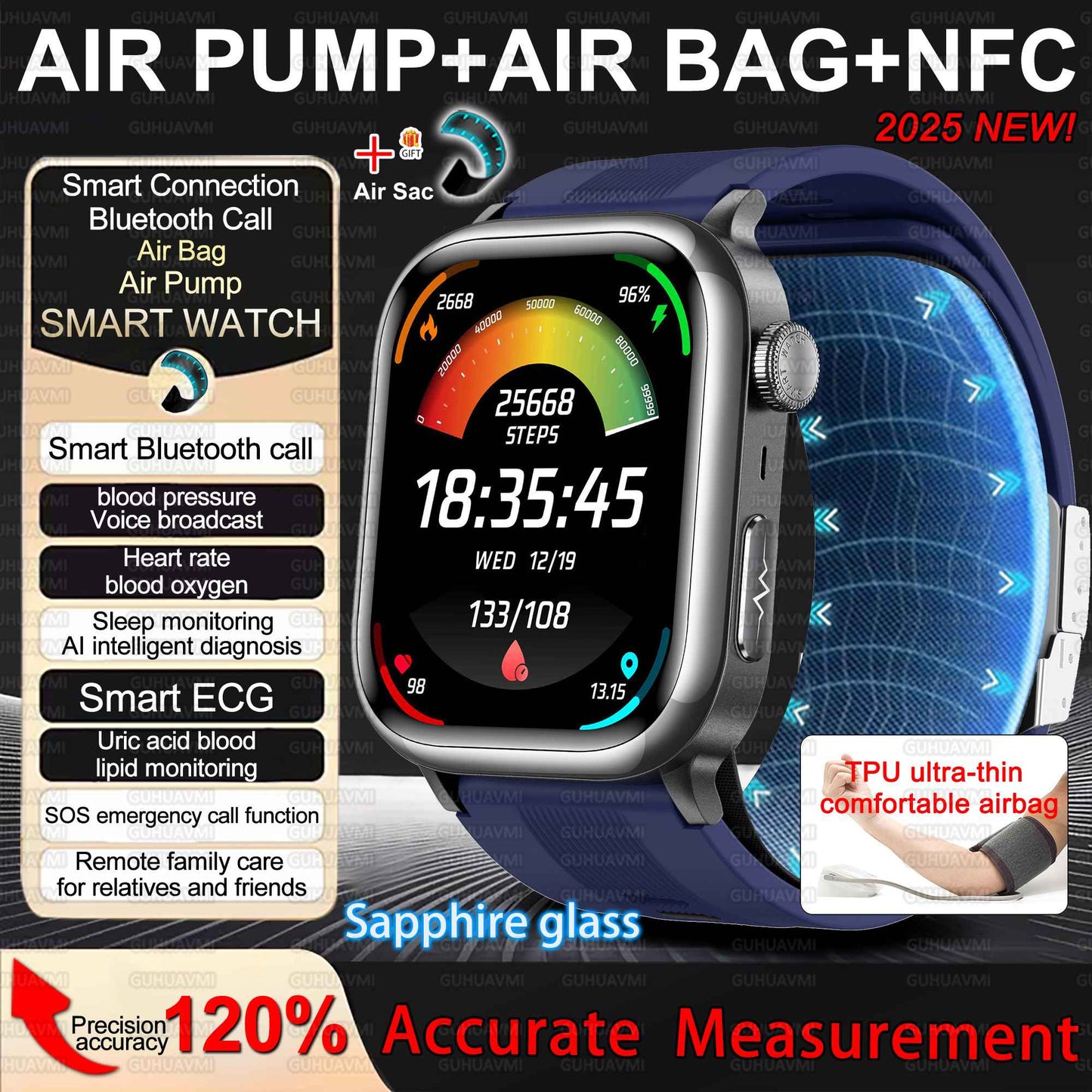 2026 New Air Pump+Air Bag+NFC Health SmartWatch Precise Blood Pressure Blood Fat Monitoring Voice Call Smartwatch For Men Women