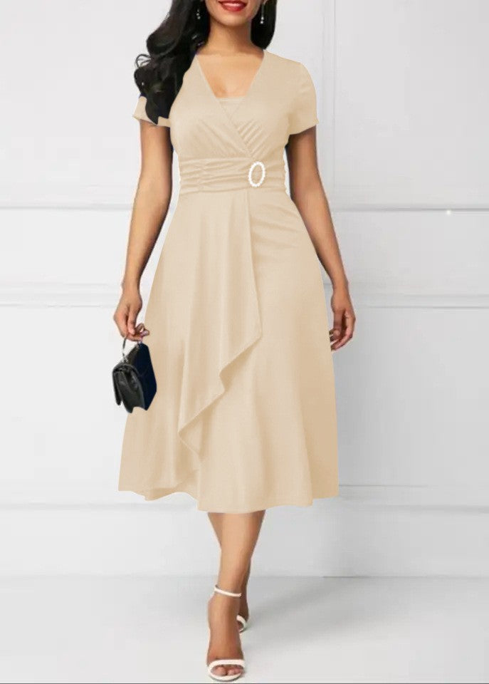 Summer Dresses Elegant Women Solid Color Short Sleeve V Neck Asymmetric Hem Wais