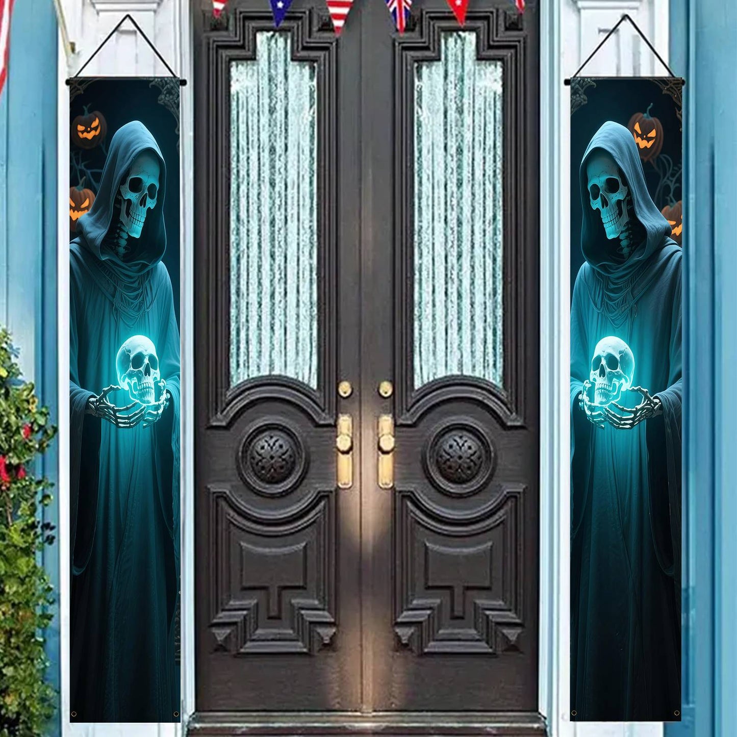 Party Banner,, Halloween Party Decorative Couplets, 2D Hanging Banners with Skeleton Design in Black Robes and Hooded Figures