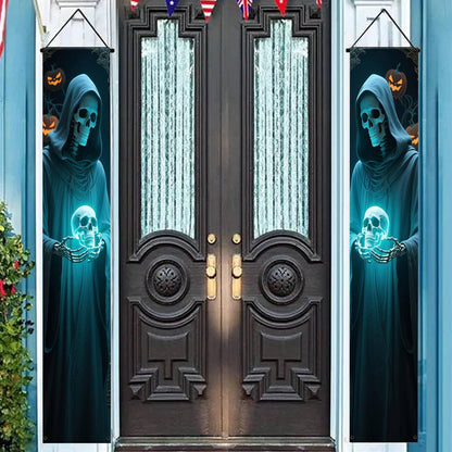 Party Banner,, Halloween Party Decorative Couplets, 2D Hanging Banners with Skeleton Design in Black Robes and Hooded Figures