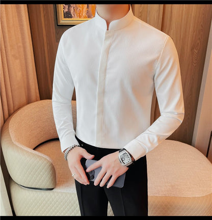 Men Standing Collar Shirt Long Sleeved 2024 Autumn British Style Solid Casual Hidden Button Elastic Slim Fit Formal Dress Shirt