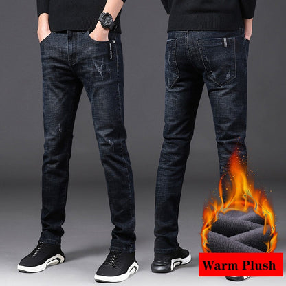 Men Winter Thermal Jeans Snow Warm Stretch Straight Jeans Man Fleece Denim Long Pants Cool Narrow Leg Slim Fit Blue Trousers