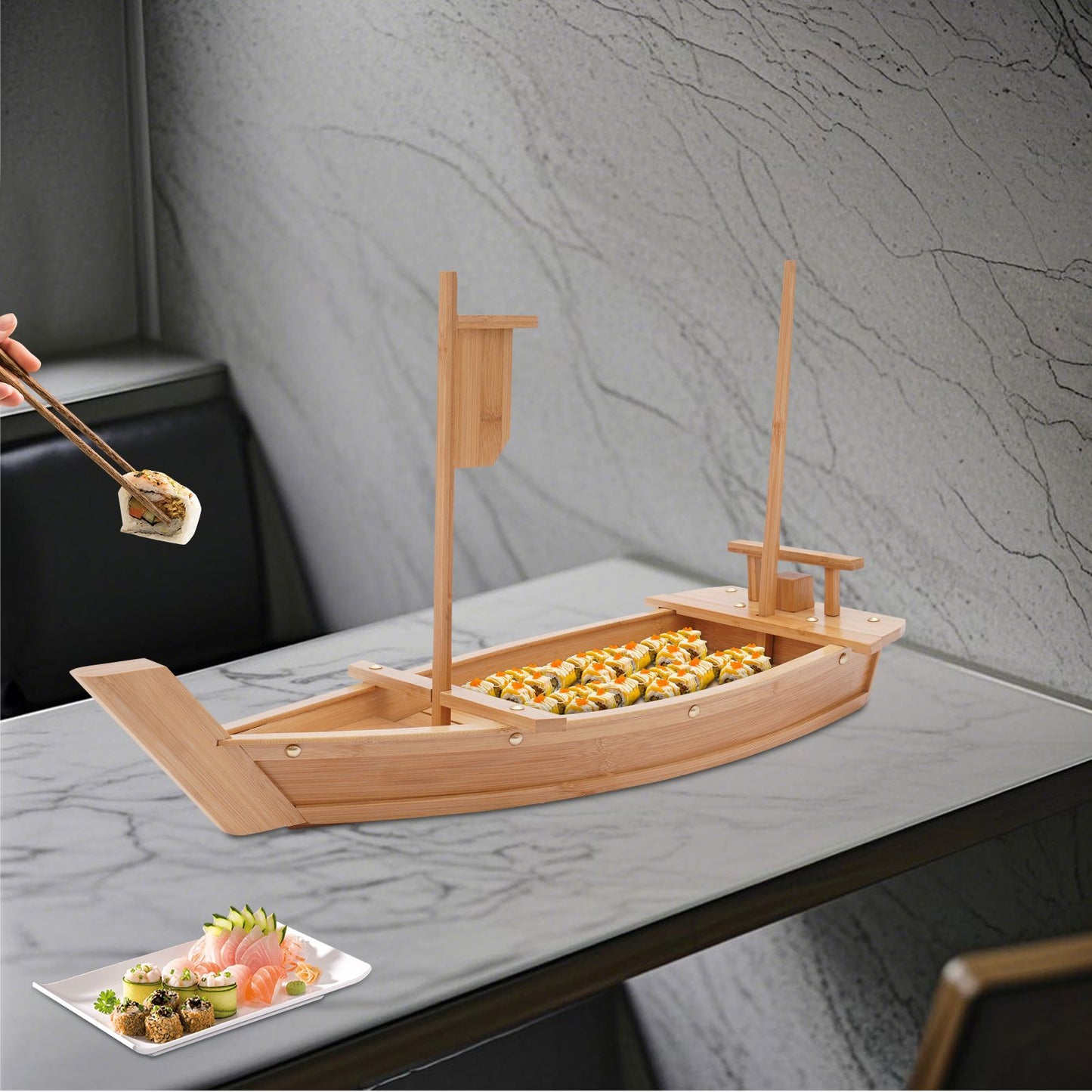 28in Bamboo Sushi Boat Serving Tray, 70cm Log Color Assembly Required Sushi Boat Serving Tray for Business or Personal Parties