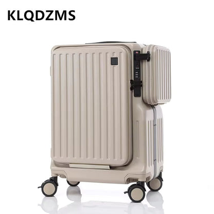 KLQDZMS Multifunctional Suitcase Front Opening Boarding Case USB Charging Trolley Case 20 Inch ABS + PC Laptop Cabin Luggage