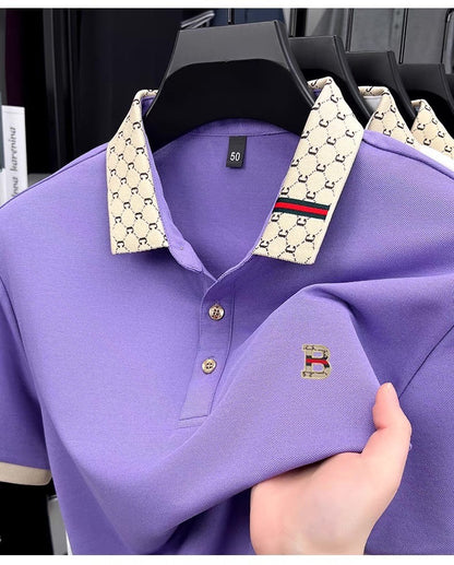 Luxury brand B letter embossed short sleeve polo shirt men summer lightweight breathable new fashion color blocked lapel T-shirt