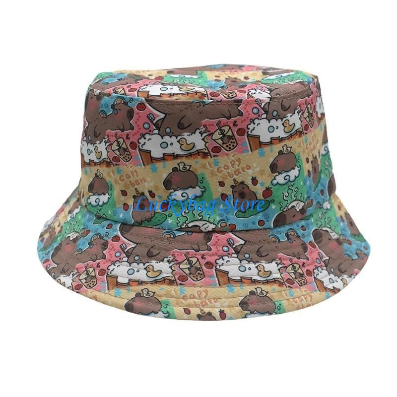 X7XE Trendy Capybara Pattern Fisherman Hat Beach Vacation Bucket Sunshade Hat for Animal Lover and Trendsetters