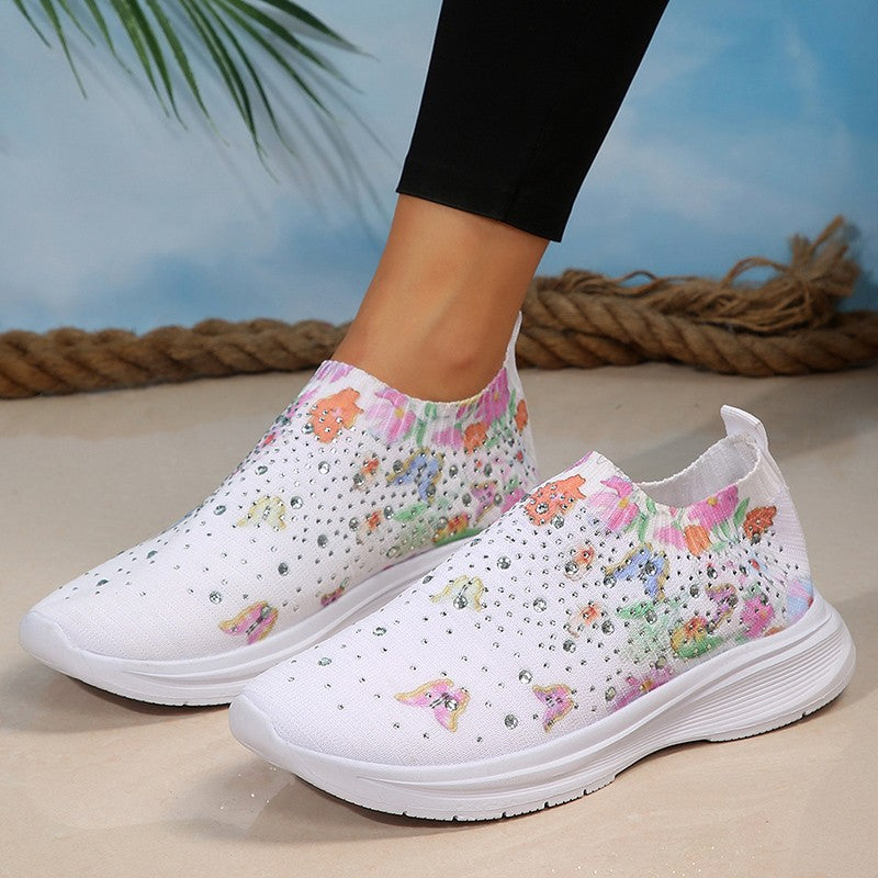 Floral Crystal Decor Slip On Sneakers Women Plus Size 35-43 Breathable Mesh Sports Shoes Woman Comfortable Soft Sole Flats Shoes