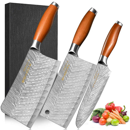 Conjunto de 3 Facas Profissionais de Cozinha Japonesa - Faca do Chef, Faca Multiuso, Cutelo de Carne, Faca para Desossar, Padrão de Aço Damasco