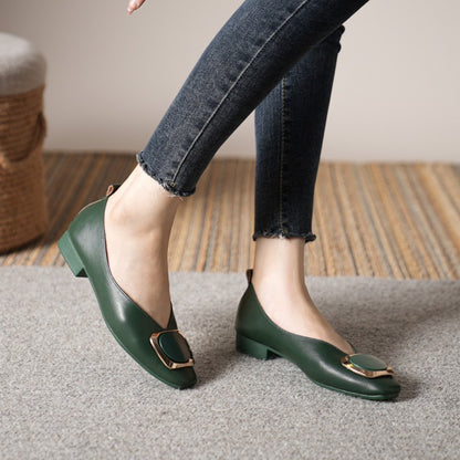 Woman Summer Casual Square Toe Cute Metal Mary Janes Buckle Ballerina Flats Female Bling Elegant Low Heeled Soft Soled Shoes
