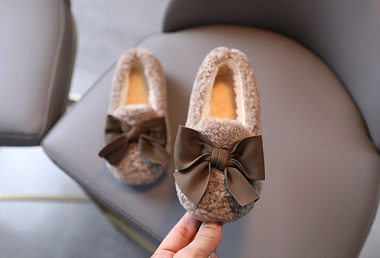 Girls Winter Shoes Cotton-padded Warm Cotton Fur Fluffy Children Flats Kids Loafers Slip-on Princess Sweet Anti-slippery Bowtie