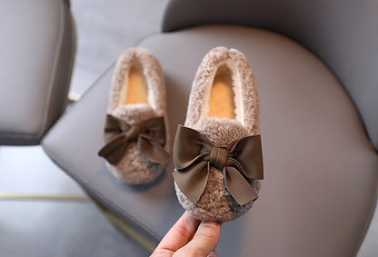 Girls Winter Shoes Cotton-padded Warm Cotton Fur Fluffy Children Flats Kids Loafers Slip-on Princess Sweet Anti-slippery Bowtie