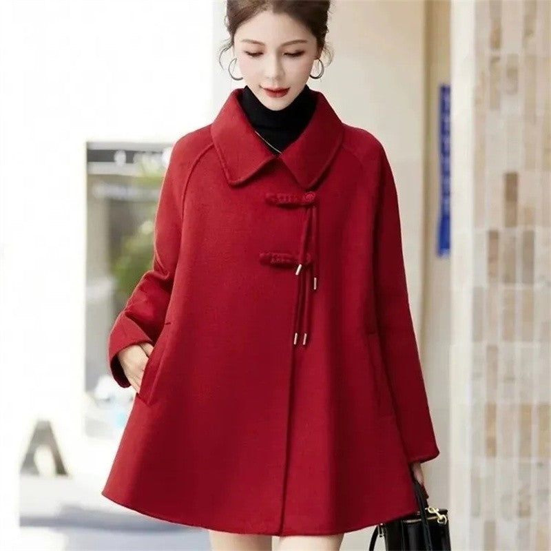 High Quality Woolen Coat Women 2025 Autumn Winter New Cloak Long Wool Jacket Chinese Retro Buckle Ladies Overwear Korean Outcoat