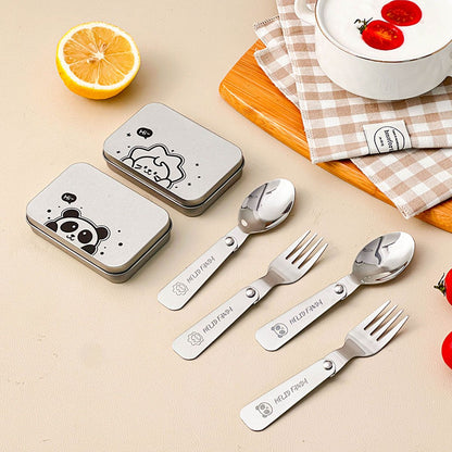 WORTHBUY 3Pcs/Set Portable Foldable Dinnerware Set 304 Stainless Steel Folding Fork Spoon With Cutlery Box Cute Picnic Tableware