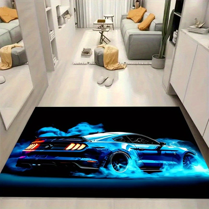 Blue Sports Car Design Area Rug, for Living Room, Bedroom, Game Room Decor - Car Art Floor Mat