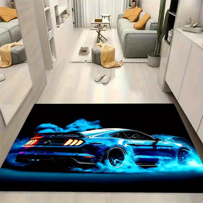Blue Sports Car Design Area Rug, for Living Room, Bedroom, Game Room Decor - Car Art Floor Mat