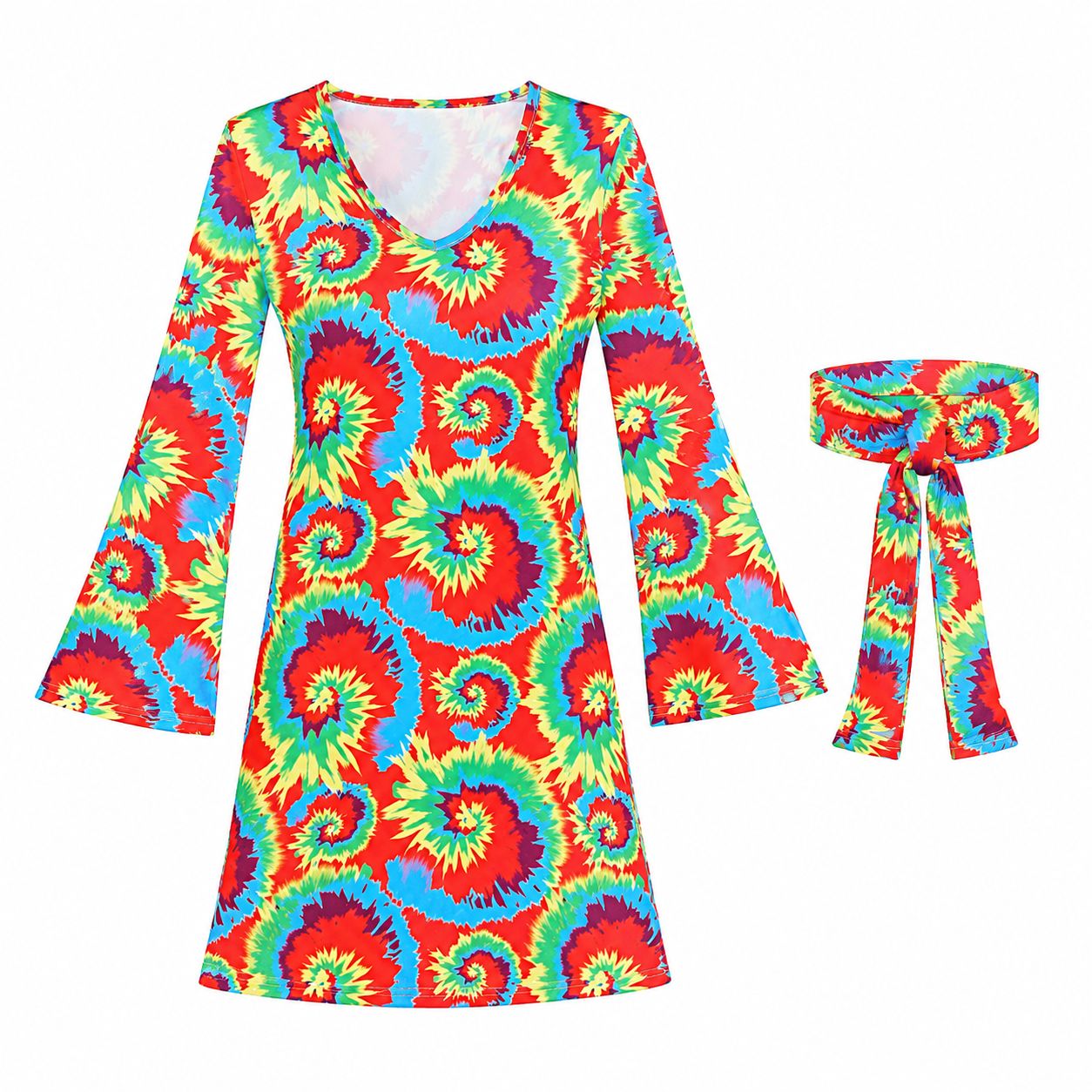 60s 70s Hippie Retro Flower Print Dress for Women Disco Party Festival Bell Sleeve Mini Dress Costume Halloween Carnival Outfit