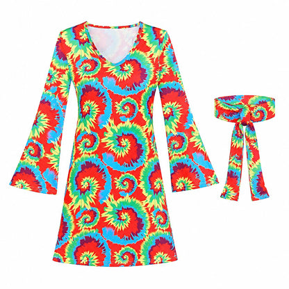 60s 70s Hippie Retro Flower Print Dress for Women Disco Party Festival Bell Sleeve Mini Dress Costume Halloween Carnival Outfit