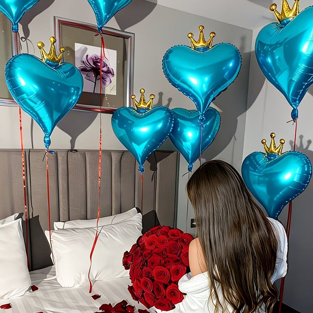 6pcs Blue Crown and Heart-Shaped Balloons, Perfect for Mother's Day, Mom's Birthday, Valentine's Day, Weddings, Engagements, Ann
