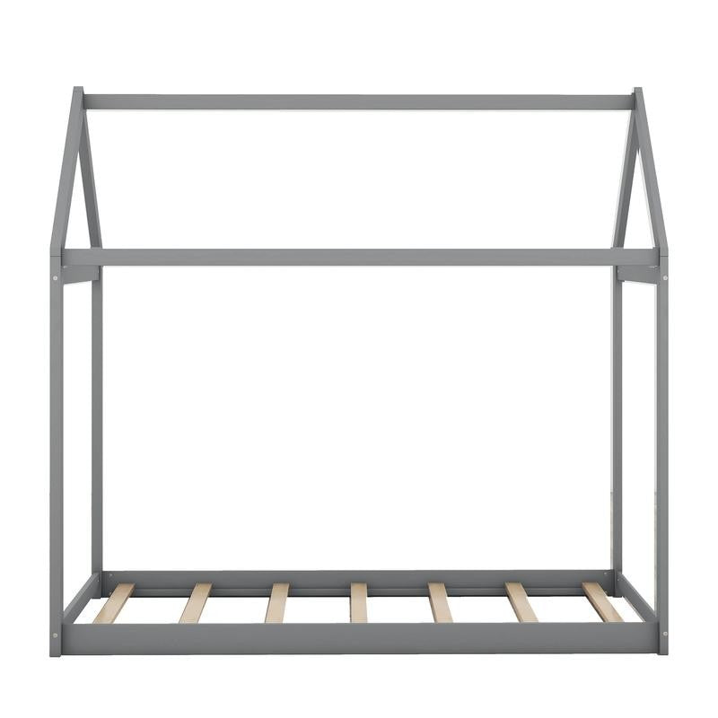 **Title:** Gray Twin Wooden House Bed for Kids - Stylish & Functional Design with Roof, Perfect for Sleeping & Playtime!