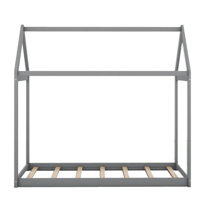 **Title:** Gray Twin Wooden House Bed for Kids - Stylish & Functional Design with Roof, Perfect for Sleeping & Playtime!