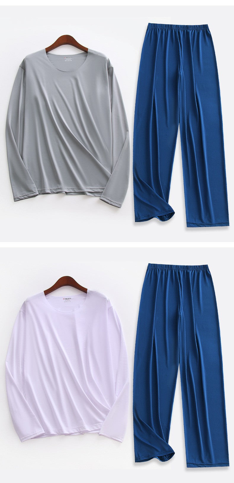 Plus Size 5XL Men Ice Silk Pajama Set Solid Long Sleeve Tops and Pants Sleepwear 2pcs Sets Soft Comfy Lounge Home Nightwear Male