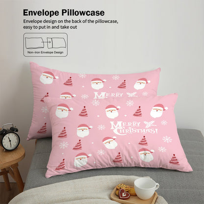 3-piece Christmas themed pink Santa Claus print (1 duvet cover+2 pillowcases, no core) soft and comfortable bedding set