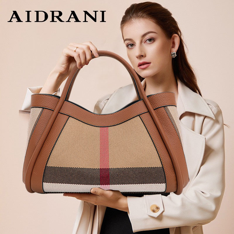 Aidrani  2025 New retro checkered women's handbag, large capacity luxury bag, canvas genuine leather bag