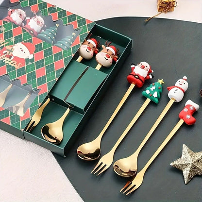 Conjunto de Talheres com Tema Natalino Aço Inoxidável Faca Garfo Colher com Desenho Animado Criativo Conjunto de 2/4/6 Peças Presente de Fim de Ano Decoração de Talheres
