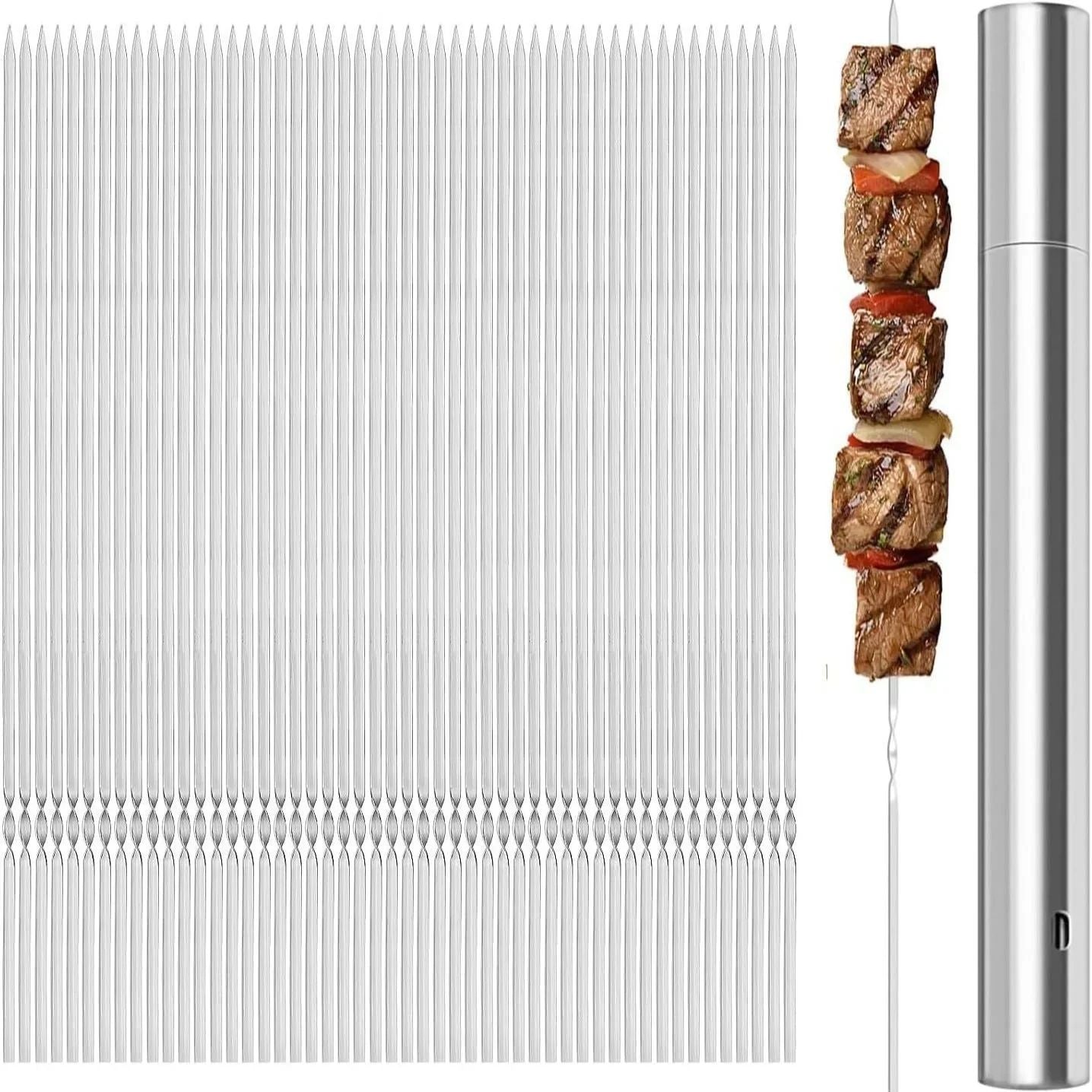 20Pcs Barbecue Skewer with Storage Tube Stainless Steel Reusable Flat BBQ Needle Stick for Outdoor Camping Party BBQ Accessories