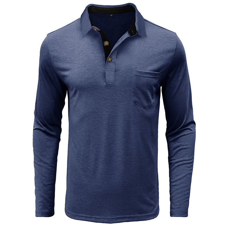 Spring Trend Men's Long Sleeve Casual Tshirt Solid Lapel Button Up Pullover Tops Autumn Turn Down Collar Bottoming Polo Shirt